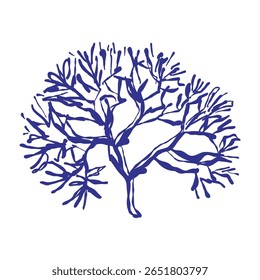 Ilustração vetorial detalhada de recifes de corais coloridos e pólipos. A cena subaquática captura biodiversidade marinha e vida aquática tropical em um estilo decorativo desenhado à mão.