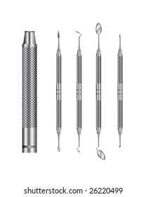 Detailed vector illustration of common dental tools.