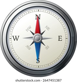 Detailed vector illustration of a compass with metallic elements and vibrant colors, highlighting cardinal directions and precise design