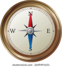 Detailed vector illustration of a compass with a metallic finish. Features cardinal directions and a central needle