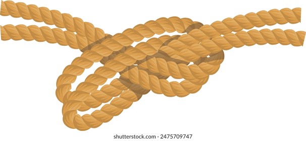 Detailed vector illustration complex brown rope knot. Intricately twisted knot displays rope tying skill expertise. Realistic digital graphic fibrous textured knot isolated white background