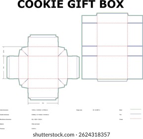Detailed vector illustration of a cookie gift box template with precise dimensions for packaging design and crafting