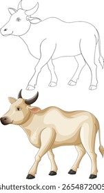 Detailed vector illustration of a cow with both realistic and outline styles, showcasing smooth shading and clean lines