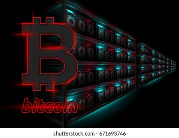 Detailed Vector Illustration of Datacenter in Dark Room. Racks of Glowing Computers in Perspective. Bitcoin Mining Farm. Banner for Cryptocurrency Market, Hosting Company. Bitcoin Logo.