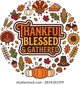 A detailed vector illustration depicting an autumn harvest wreath, featuring pumpkins, turkeys, foliage, and other seasonal elements on a white