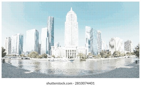 Detailed vector illustration depicting city skyline filled with tall office buildings and skyscrapers. Scenic urban landscape view for architectural themes.