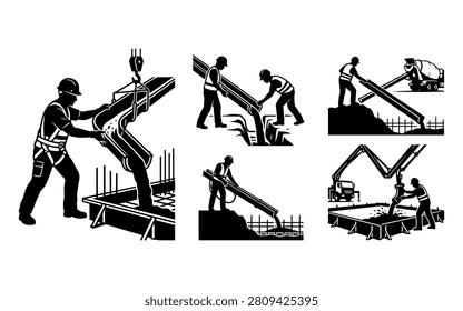 A detailed vector illustration depicting construction workers pouring concrete using a chute and pump truck, presented in a striking silhouette style.