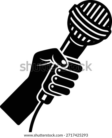 A detailed vector illustration depicting a hand grasping a microphone, symbolizing communication, podcasting, and audio recording.