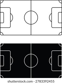 A detailed vector illustration depicting an overhead view of a soccer field, including goal areas and a center circle.