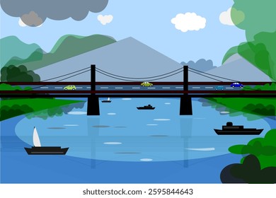 A detailed vector illustration depicting a scenic river with fishing boats floating on the calm water, while a flyover bridge stretches across the scene. Cars are seen passing over the bridge.