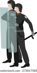 A detailed vector illustration depicting two riot police officers in full tactical gear, equipped with protective helmets, a clear riot shield, and a baton. The image represents law enforcement preparedness for crowd control, public safety, and managing protests or demonstrations.
