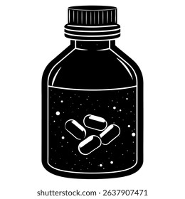 A detailed vector illustration depicts a medicine bottle filled with capsules or pills, ideal for healthcare projects.