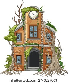 Detailed vector illustration of derelict brick house overrun by trees, vines, and foliage