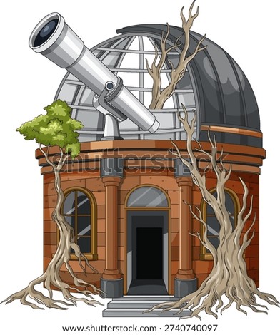 Detailed vector illustration of deserted brick observatory dome, large telescope, and encroaching twisted trees