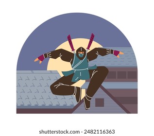 Detailed vector illustration with a dynamic ninja character in a traditional costume, mask and katanas on his back, jumping on roofs under a moonlit sky