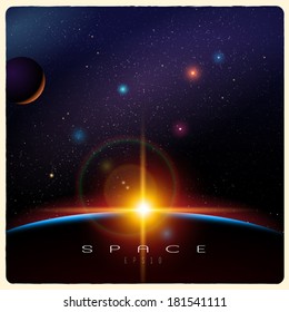 Detailed vector illustration of Earth sunrise and space