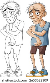 A detailed vector illustration of an elderly man in a thoughtful pose, highlighting expressive features and casual attire
