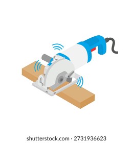 A detailed vector illustration of an electric circular saw cutting through a wooden plank. The power tool features a modern blue and white design with a visible spinning blade, power cord, and flying wood chips to represent active cutting. This illustration conveys woodworking, construction, carpentry, DIY projects, and industrial tool concepts. Isolated on a white background, suitable for manuals, tutorials, home improvement, and construction-related designs.