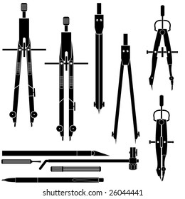 Detailed vector illustration of engineering and drafting tools including compass, calipers, divider, and mechanical pencil.