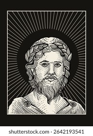 A detailed vector illustration in an engraving style, depicting a classical male bust with a beard and laurel wreath, surrounded by radiating lines.