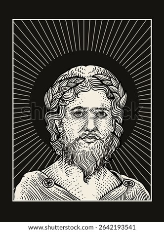 A detailed vector illustration in an engraving style, depicting a classical male bust with a beard and laurel wreath, surrounded by radiating lines.