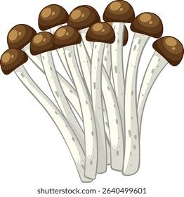 Detailed vector illustration of enoki mushrooms with brown caps and white stems. Clean lines and earthy tones enhance realism