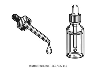 Detailed Vector Illustration of Essential Oil Dropper and Bottle in Black and White