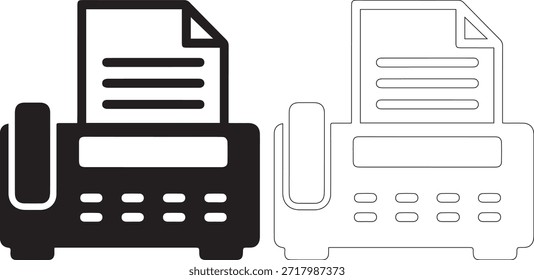 Ilustración vectorial detallada de una máquina de fax y un teléfono inalámbrico, uno en negro sólido y el otro en forma de contorno, sobre un fondo blanco puro, mostrando el equipo de oficina y la tecnología