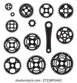 Detaillierte Vektorgrafik mit einem Sortiment an Fahrradkettenringen und einem Kurbelarm, perfekt für Fahrradbegeisterte und Designprojekte.