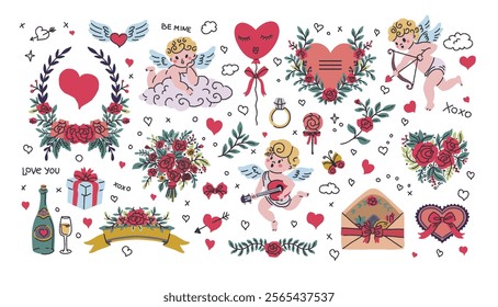 A detailed vector illustration featuring cherubs, hearts, floral elements, and romantic decorations. Designed in a whimsical cartoon style on a white background.