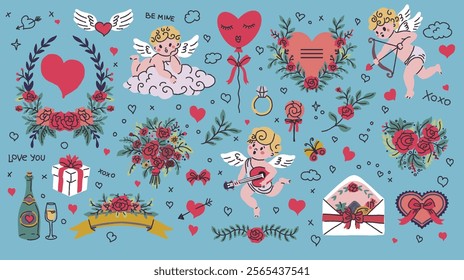 A detailed vector illustration featuring cherubs, hearts, floral elements, and romantic decorations. Designed in a whimsical cartoon style on a white background.