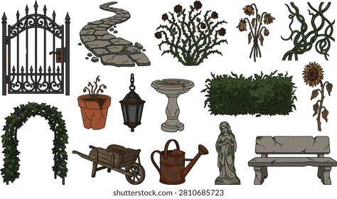 Detailed vector illustration featuring a collection of antique garden elements including statues fences lanterns and stone pathways for outdoor design