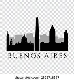 A detailed vector illustration featuring the iconic silhouette of the Buenos Aires city skyline, including the Obelisco and historic architectural landmarks.
