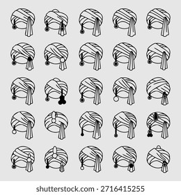 Una Ilustración vectorial detallada con un turbante adornado adornado con joyas y decoraciones de cuentas laterales. Este diseño destaca siluetas elegantes y adornos intrincados, perfectos para proyectos culturales, de bodas, ceremoniales y de temática patrimonial. Los Vectores totalmente editables lo hacen ideal para invitaciones, marca, interfaz de usuario, UX, App y uso impreso o digital. El turbante está aislado sobre un fondo blanco, ofreciendo la máxima versatilidad para aplicaciones creativas profesionales.