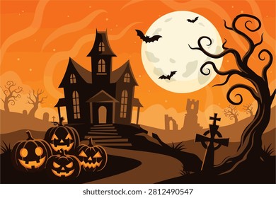 A detailed vector illustration featuring a spooky haunted house silhouetted against a large glowing full moon. Grinning jack-o-lanterns guard the path through a graveyard with bats flying across an orange sky.