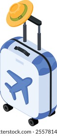 A detailed vector illustration featuring a stylish blue and white suitcase with a plane icon, paired with a yellow sun hat perched on its handle.