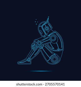 Ilustración vectorial detallada que presenta un robot humanoide estilizado renderizado en brillantes líneas azul neón, sentado sobre un fondo oscuro. Perfecto para temas relacionados con la IA, la tecnología del futuro, el diseño ciberpunk y