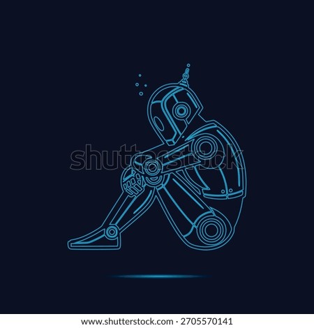 Detailed vector illustration featuring a stylized humanoid robot rendered in glowing neon blue lines, sitting on a dark background. Perfect for themes involving AI, future tech, cyberpunk design, and