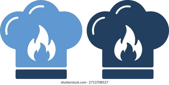A detailed vector illustration featuring two chef hats in light and dark blue shades with flame icons in the center, set against a pure white background with a modern and sleek style