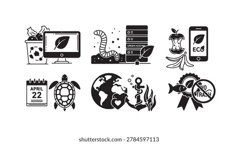 A detailed vector illustration featuring various eco-friendly and recycling symbols, including a computer with a leaf on the screen, a worm emerging from the soil, a smartphone with an eco logo, a calendar marking April 22, a turtle, a globe with an anchor and heart, and a no trash sign with a fish and ribbon, all in a black and white flat design style.