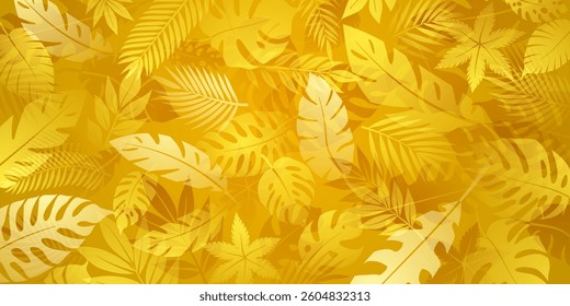 A detailed vector illustration featuring a vibrant leaf pattern in golden tones. The design is intricate, with various leaf shapes and sizes, creating a lush, tropical feel.