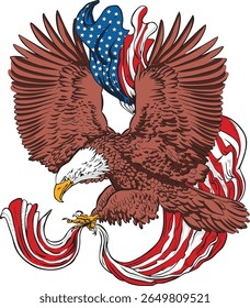 Uma ilustração vetorial detalhada de uma águia careca feroz segurando a bandeira americana fluente. Perfeito para 4 de julho, Dia da Independência, designs patrióticos de camisetas, temas militares dos EUA e orgulho americano!