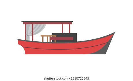 Ilustração vetorial detalhada de um barco de pesca com um casco vermelho.