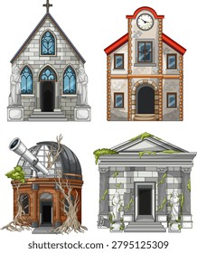 Detailed vector illustration of four abandoned historic buildings with ivy, statues, telescope, and weathering