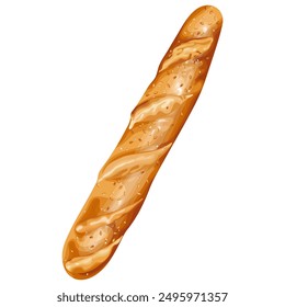 A detailed vector illustration of a freshly baked baguette with a golden crust, showing texture and sesame seeds. Ideal for culinary, bakery, or food-related designs.