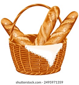 A detailed vector illustration of freshly baked baguettes in a wicker basket with a white cloth. Perfect for culinary, bakery, or food-related designs.