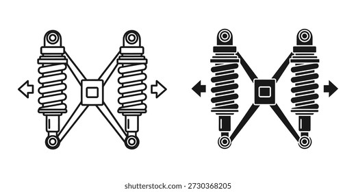 Ilustración vectorial detallada de los sistemas de suspensión delantera y trasera con amortiguadores. Ideal para fines automotrices, de ingeniería y educativos.