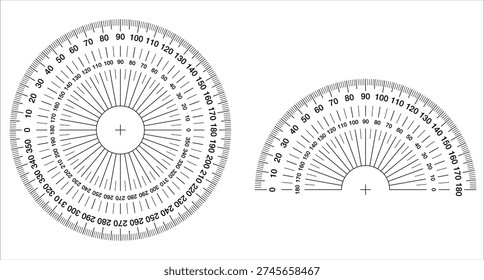 Detailed vector illustration of full-circle and semicircle protractors with precise degree markings, ideal for educational materials, engineering diagrams, and measurement graphics.