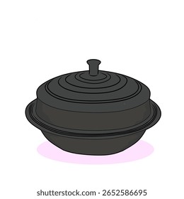 A detailed vector illustration of a gamasot, the traditional cast iron pot used in Korean households for centuries. Symbolizing heritage and authenticity, this cooking vessel is often used to prepare 