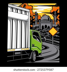 Detailed vector illustration of a generic cargo truck driving on the road in black and white style with minimal color accents. Suitable for transportation, logistics, delivery, automotive design, t-shirt, poster, sticker, and commercial graphic projects.